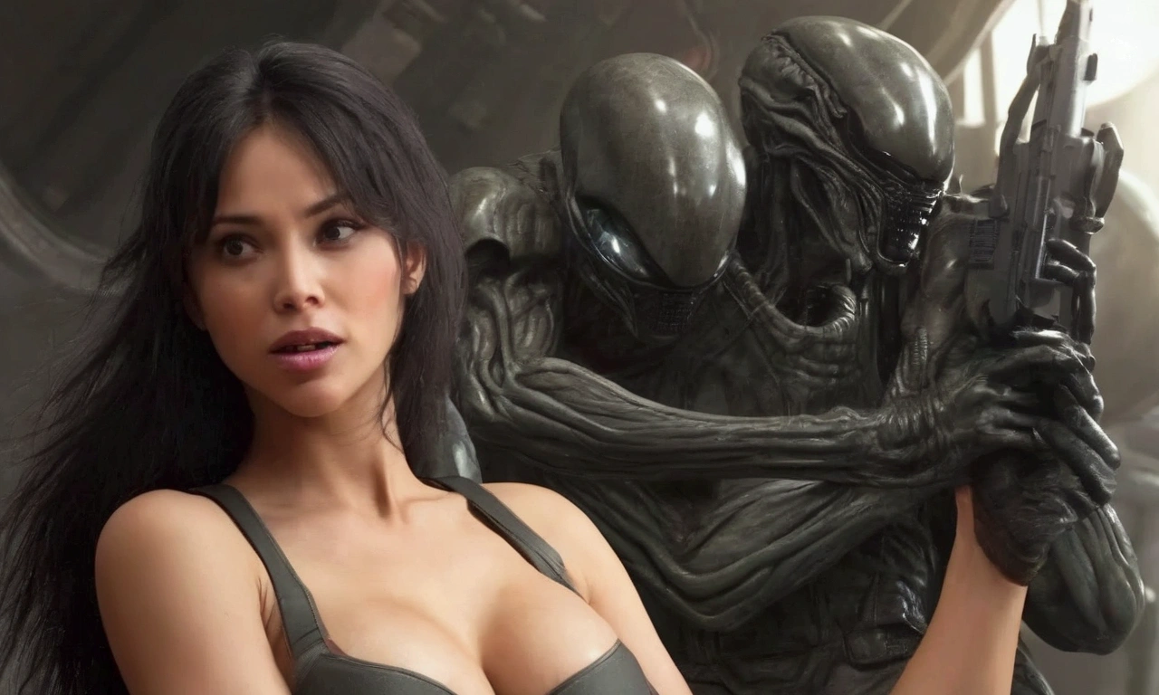 close-up, full length,absolutely naked arabic girl looking at me and staying near the alien humanoid from another planet , flirt,sexy, ultra high quality detailing