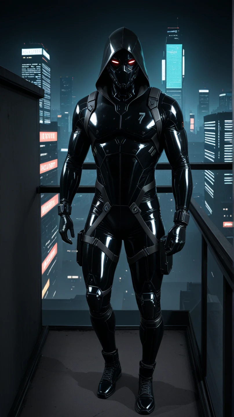 A full-body image of a muscular adult male.black leather full-body image 、and hood, a hooded person in invisible armor . wears leather armor, Tights.epic ninja suit, rogue.Leather fit to cover the whole body. smooth leather .Boy Teenage Assassin , stealth suit , cyberpunk assassin , stand on the roof of a skyscraper. . black night . Dark atmosphere .Low light.Weak lights cast dramatic shadows. Weird cyberpunk atmosphere . cyberpunk city.Futuristic tech style,robot,mecha skin,latex bodysuit .whole body image.Handheld composite mechanical giant bow.full body photo
