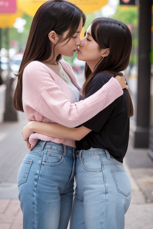 2 mujeres, sexy, cuerpo completo, blusa, universidad, pants, kissing passionately