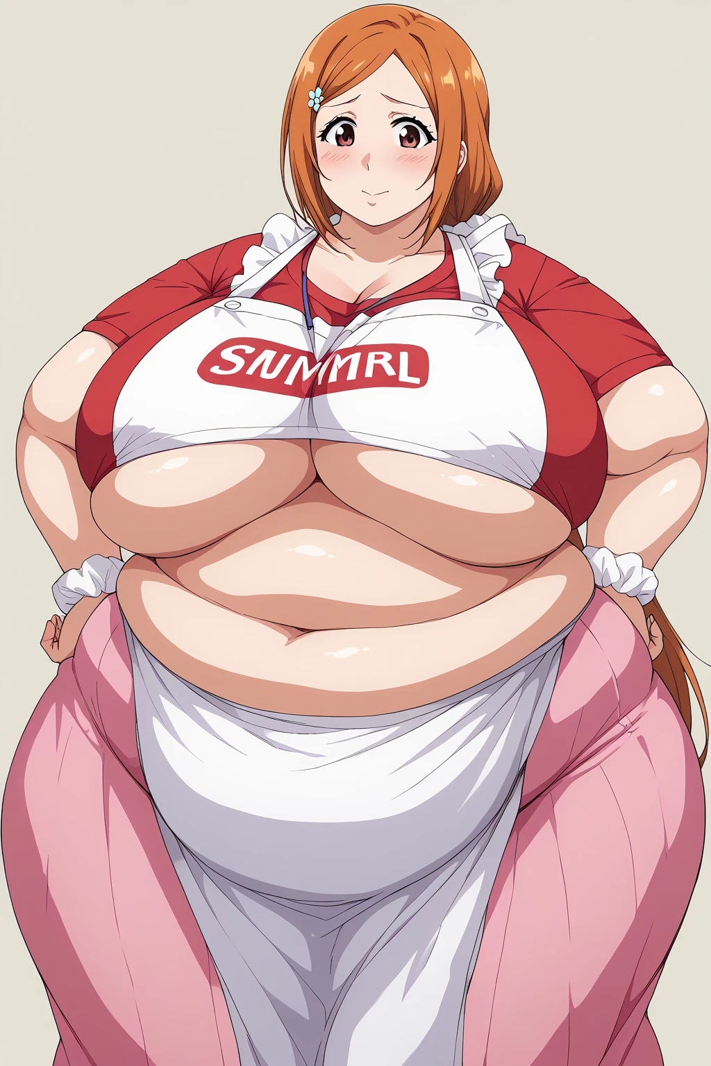 inoue orihime, Orihime Inoue,  long hair,  orange hair, (brown eyes),low ponytail, I'm tying my hair to one at the back, ((Pink Skirt)), Long Skirts,((Red T-shirt)), (( white apron)),Long apron, White scrunchie,40 years old,milf,  score_9,  score_8_ up,  score_7_ up,  score_6_ up,  score_5_ up,  score_4_ up,  Masterpiece ,  top quality , Very aesthetic,   absurd,  Source_Anime, Anime screencap 一人の女性、Alone、 personal 、Super huge breasts, ((( super huge clevis 、Super huge, Super huge boob))),Curvy、 Wide Hips、 embarrassed expression、 indoor、Fat body,  in her 20s,  obese , chybby, weight gain ,  embarrassing expression ,  sloppy stomach、blush, Mature Woman, Fat face, double chin ,  troubled expression, Married Woman,