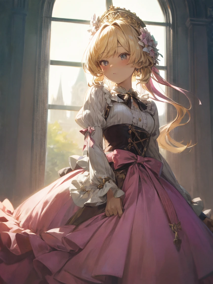 (masterpiece, highest quality:1.2),1girl, (8k, top quality, masterpiece : 1.2), Ultra-high definition ,,  Marie Antoinette  ,  super detailed face ,fine grain,  just the entrance to the basement of the castle  ,( blonde alone ),  long hair,  wavy hair  , break,Rococo Ruffle Dress,Long sleeve dress, Long skirt dress lying on a wooden boat  , Baroque Dress ,  intricate fantasy dress  , Luxurious and glamorous dress  ,  romantic dress, Ruffled Costume ,lottery, Data Style,  Formal wear, Fancy Fashion, palate colors include  pink and white,(  pink:1.5),Class A Smile, Gold Tiara ,  necklace , Sit in a fancy chair,  you have to tie your hands behind your back  ,(  rainbow light  :1.4),,  the side face of a person looking out of the window  ,  a rosebush is reflected in the window  ,(Inside Victoria Palace)、Her eyes are shining、 now her blonde alone's hair extends to her waist 、Rose-colored gradation and three, She is wearing a light pink robe. She is wearing a Gold Tiara adorned with floral decorations、 Matching earrings  , white flower choker. She is wearing a white striped pink top with frills edged with gold buttons,  The white sleeves are in the shape of a bud  ..  dress with magenta ribbon flowing out of her chest  ..、 At the back of her neck  、Matching chest piece, Decorated with flowers.  Her ruffled skirt is divided by a white line  ,  Fastened with a large magenta ribbon  、Decorated with gold,  There is a small ribbon on the back  . Her mini skirt、The lining is made of light pink magenta shell-like material and a white floral petticoat. She is also wearing white gloves with pink flowers attached, white and light pink shoes、loose cuff and decorated with flowers magenta ribbon.
