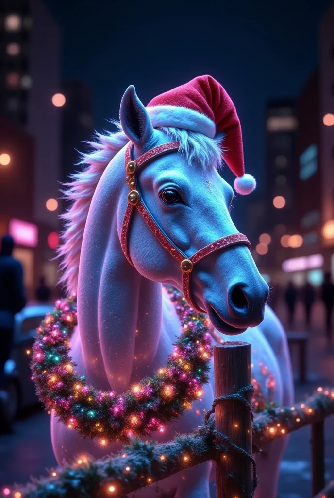 Create a festive scene featuring a beautiful white horse wearing a red Santa hat with white fur trim. The horse stands beside a wooden fence decorated with glowing Christmas garlands, red bows, and holiday wreaths. The background features a soft, warm glow of holiday lights, creating a cozy and magical evening atmosphere. The horse's gentle expression and the festive decorations evoke the charm of a countryside Christmas.