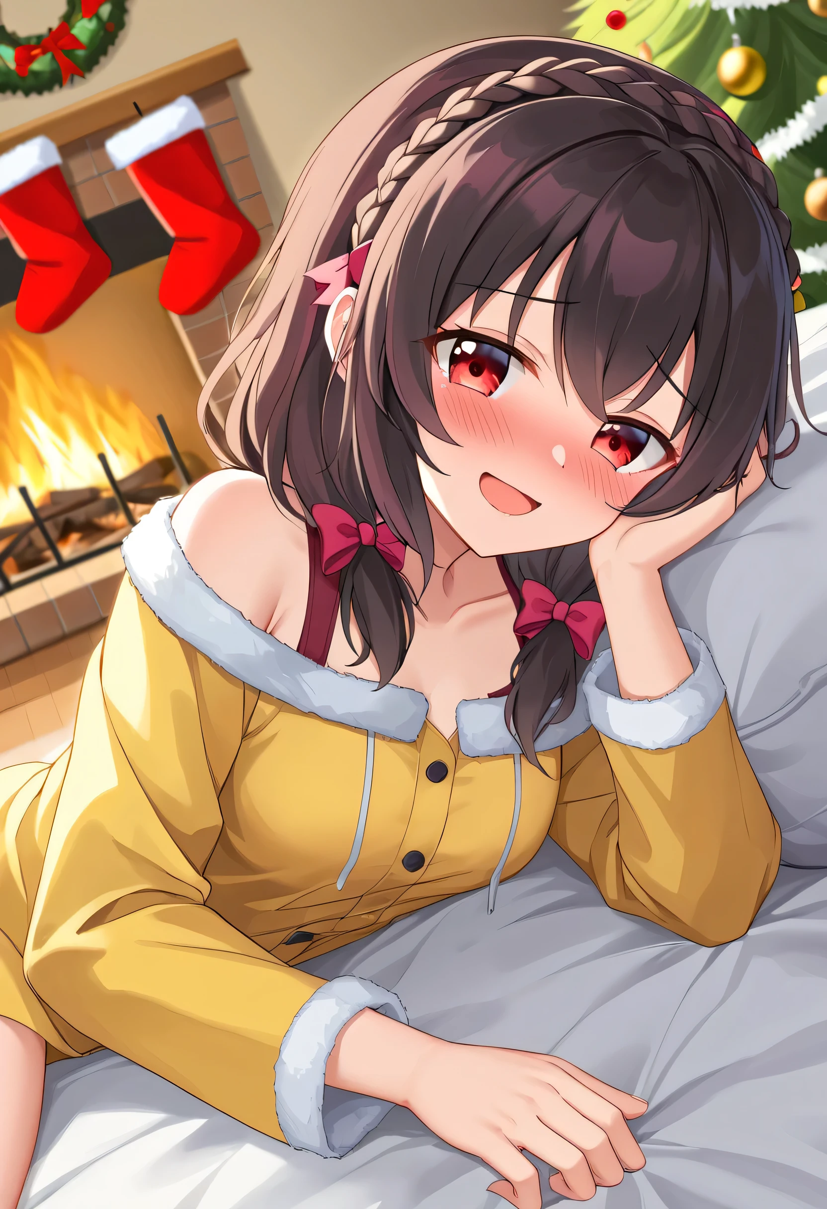 yunyun、masterpiece, top quality ,  high res,(One person), Yunyun、  crown braid the same color as hair,  black hair、 red eyes、 hair accessories, (yellow pajama jacket with shoulders out )、(blush)、( Christmas tree:1.2)、( embarrassed smile)、 view viewer、fireplace、Minami Mouth 、( open your mouth wide)、 bed、sleeping on my side )、♥️、Side view