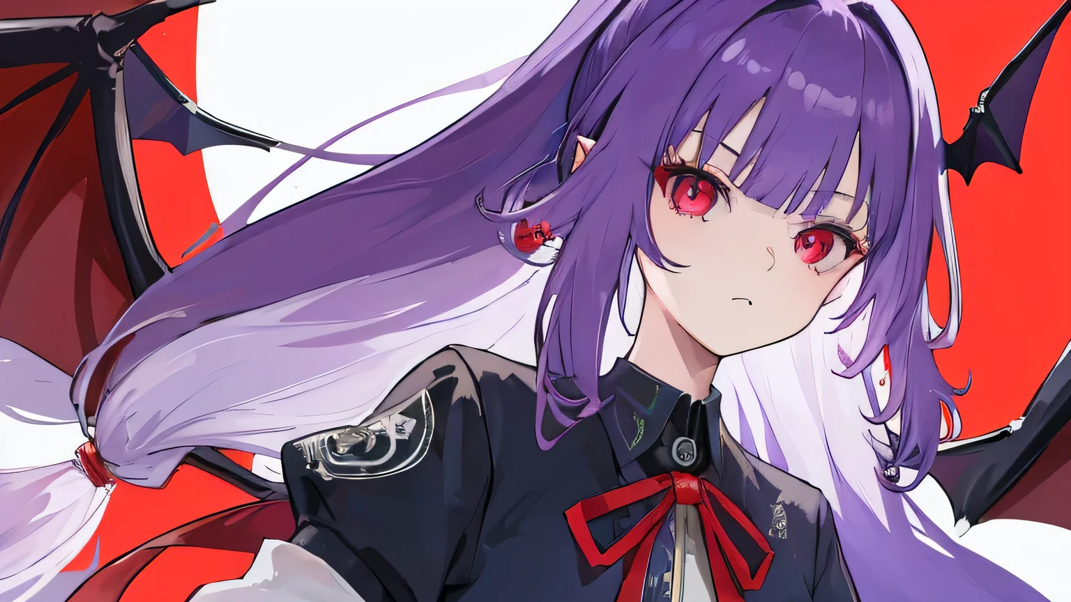 masterpiece, 1girl, cool, hopeless face, beautiful face, semi long hair ,natural curly hair, ponytail, purple hair, white hair colored inner hair, slanted eyes, red eyes, bat wings,psychic, downtown