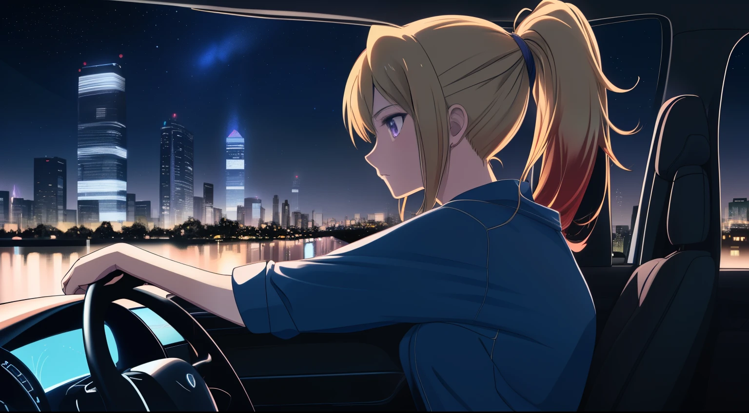 "An anime-style a woman blonde-red hair tied in a sleek ponytail, sitting in the driver's seat of a car at night. The perspective is from the passenger side, showing her side profile as she looks out of the window with a melancholic and calm expression. The car interior is dimly lit with soft neon purple accents, and the background outside the car window displays a futuristic urban cityscape under a starry sky. She is wearing casual, modern clothing, and her hands rest gently on the steering wheel. The overall atmosphere is reflective and tranquil."