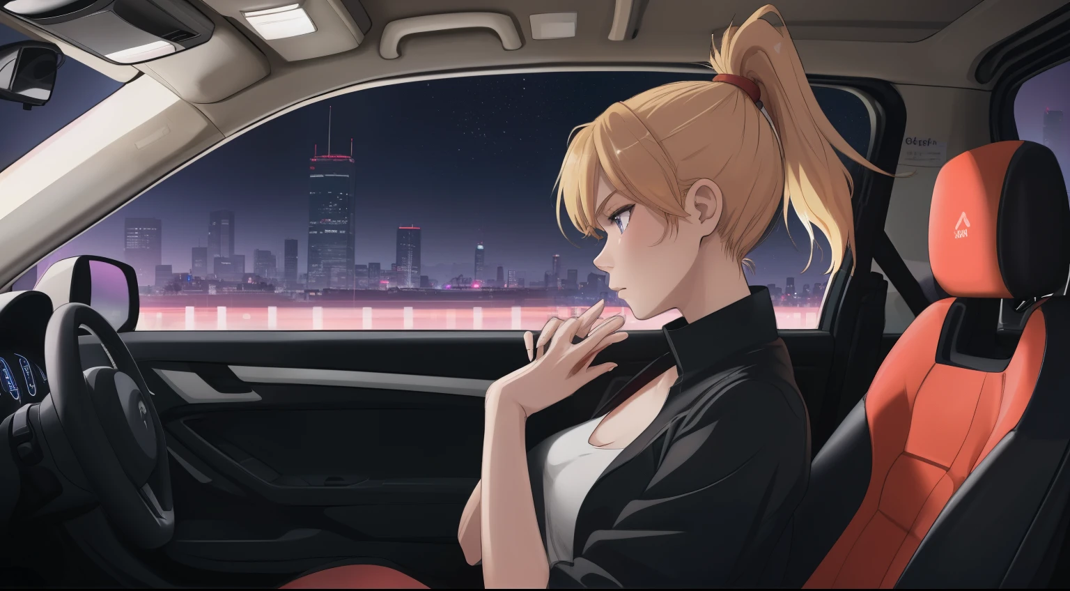"An anime-style a woman blonde-red hair tied in a sleek ponytail, sitting in the driver's seat of a car at night. The perspective is from the passenger side, showing her side profile as she looks out of the window with a melancholic and calm expression. The car interior is dimly lit with soft neon purple accents, and the background outside the car window displays a futuristic urban cityscape under a starry sky. She is wearing casual, modern clothing, and her hands rest gently on the steering wheel. The overall atmosphere is reflective and tranquil."