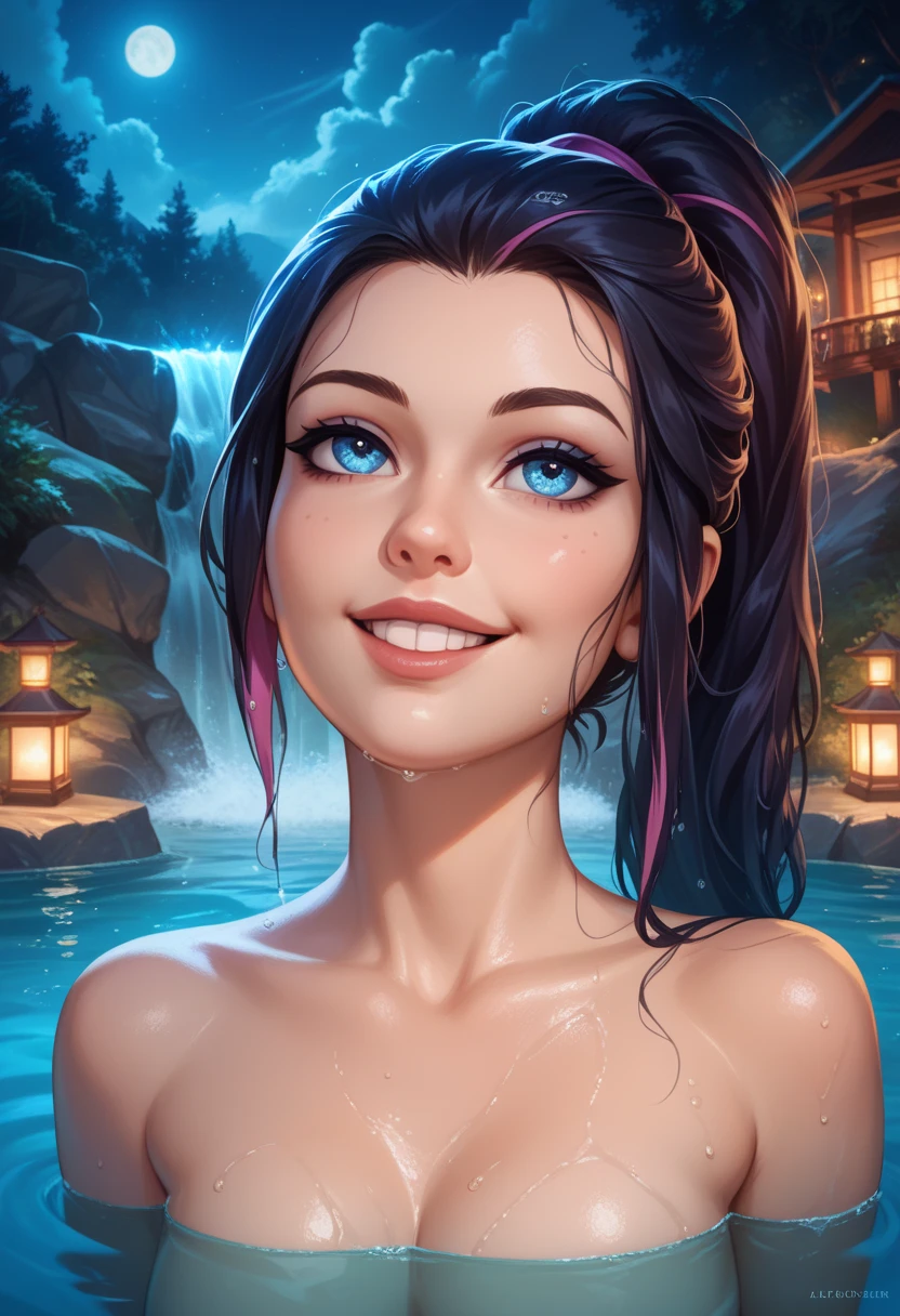 Night scene, close-up photo of Leela, small breasts, bathing near the waterfall, body soaked in water, lean cheeks, wet hair, chin up, seductive face, no bra, stones, pure water, cleavage show, water on the body, realistic pores on the body, look up at the sky and smile, black ponytail hair, (blue eyes: 0.8), beautiful adult face, 20 yo, soft volumetric lights, (backlit: 1.3), (cinematic: 1.3), intricate details, (ArtStation: 1.2)
