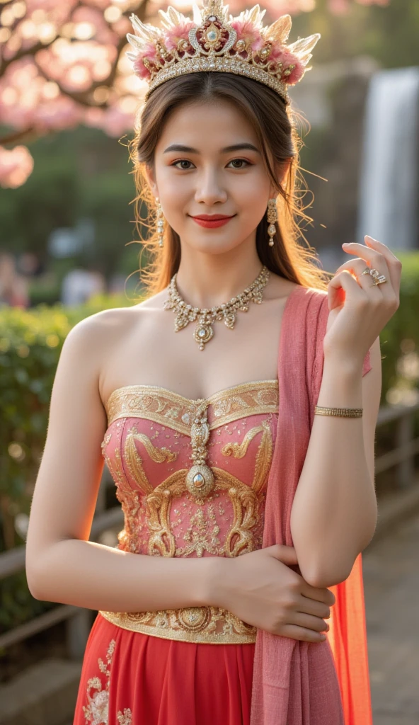 detailed face, Clear face, beautiful girl, Asian makeup, red lips, light brown hair, big crown, flowers in hair, Medium body, big breasts, Thai angel costume, ancient, Medium sexy dress,red pink dress, gold design, shine, Sequins, gem, beads , Crossbody jewelry, arm jewelry, bangle,HD, The body is full of, evening light, flower garden background, measure, waterfall, cherry blossoms, beautiful smile 