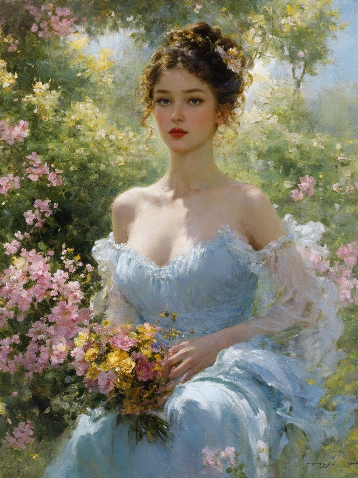 [Country] Romanticism, oil painting on canvas mix in the style of
William Turner and Heywood Hardy. Ethereal work of art
depicting a playful young woman looking over her shoulder with
a seductive expression, dressed in a delicate mint lace dress
with yellow silk elements and bare shoulders, embodying a
dreamlike being, with long, curly, voluminous, [color] hair. Her
expressive brown eyes and beauty lips seem out of this world.
She is holding a bouquet of wild flowers. Against the
background path of the windy and fog hills of Scotland, gouache
and glossy acrylics and oil in the style of shabby chic in
autumnal shades, soft light, mixed media.