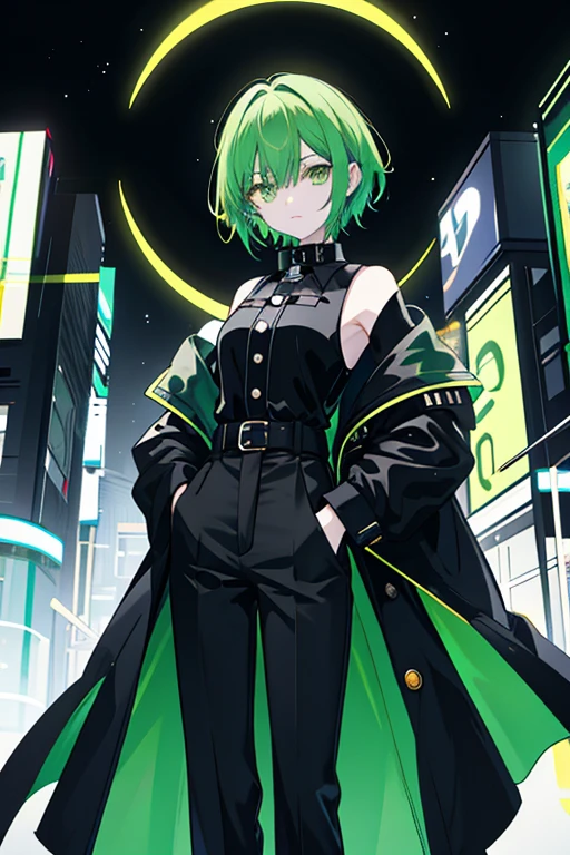 Game Art　 anime style　woman　 cool 　cute　 beautiful　 shows the whole body　Perfect hands that project from head to toe
Ultra Detailed 　 top quality 　masterpiece　 cool　Height: 170cm　 black, white and green eyes older sister 
garments
Black slacks wearing a black and yellow long coat 　The long coat has a collar 　 her collar is standing up 　 high neck　 asymmetry　button　　belt　 Intricate Design
black yellow green line yellow green line 
hairstyles 
Short hair M-shaped bang 　Hair color is black　 The inner color of her hair is green

I don't have anything in my hands

facial expression and posture
A calm and careful look　Relax your shoulders 、 Gently Looking Ahead Black Background Neon Night Moon Standing Above Buildings 
