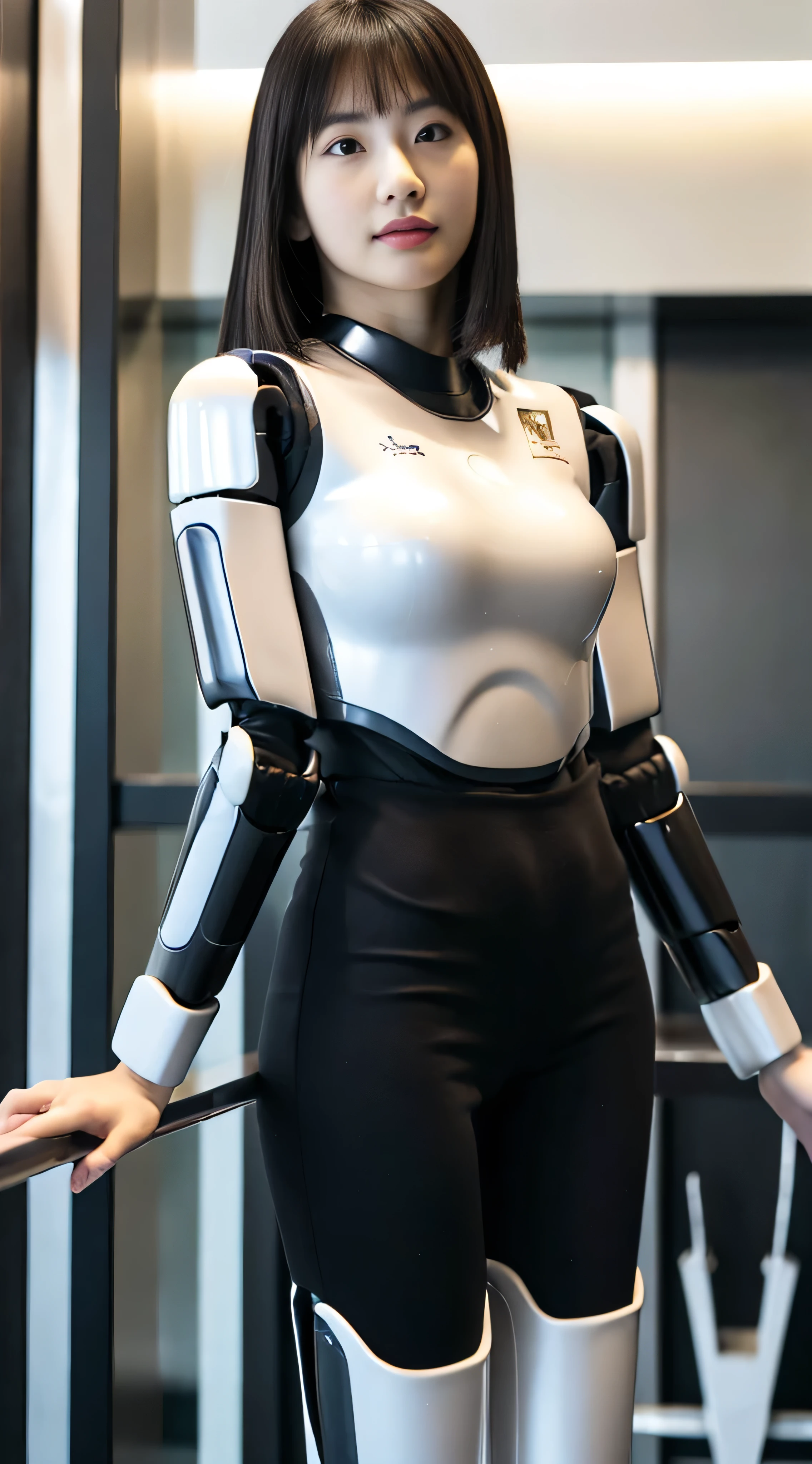 ((masterpiece, best quality,  FHD, 16K :1.3)) ,Japanese  woman, 18 years old, thicc ,hrp-4c's Robot body Suit, s Office,masterpiece, best quality, extremely detailed, (8K, 4K, Best Quality, hight resolution, 超A high resolution:1.1), 8K portrait,1girl in, Japaese android girl,android teacher,Plump , control panels,android,Droid,Mechanical Hand, ,Robot arms and legs, Black hair,Mechanical body,Blunt bangs,White Robotics Parts,perfect robot woman,Charging spot,Long Tube,A thick cable was connected to her neck,ceramic body ,android,robot humanoid,a bit chubby,panty,full eyes,perfect mechanical body,white robotics body,future assembly plant,white body,She has repaired,black sponge joints,android,perfect machine body,white robot body, body by hrp-4c, blue eyes, cute face shape, sexy face shape, 20 years old, hrp-4c's robot body suit, robot suit from HRP-4C