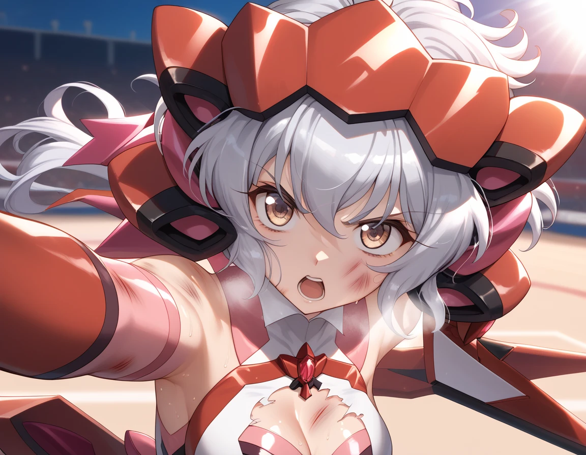  top quality ,  soft light during the cruise,  super high res, cute, Beautiful face in every detail , high resolution details of human skin texture, shiny skin,sweat,Heat, white breath ,Take a deep breath, Yukine Chris,Gray Hair,, battle costume,Outdoor Arena,sunlight, serious eyes,Ready,Big eyes, Symphogear ,armed gear , open mouth ,Fighting pose,bruised body, has a weapon , wearing a hat, hair ornament, torn clothes 