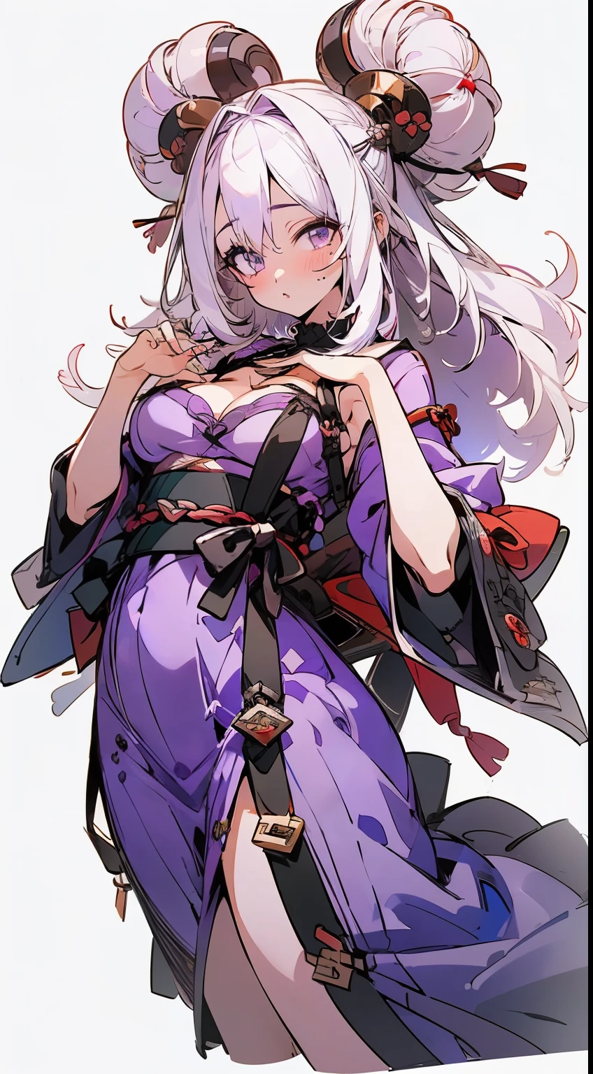 (masterpiece:1.2),8k, beautiful, high quality,
(full-length photograph:1.2)、((white background:1.6)),(Flat Illustration Art:1.2), (poster art:1.2),(Ultra-definitive game CG), CG animation, Character setting painting,Original character reference sheet adoptable,score_9,score_8_up, score_7_up, score_6_up, score_5_up, precise details, animation,
Bullish girl, ((MEGUMI)),
curly hair, blue eyes, (Purple white hair:1.9), (Purple white long japan dress:1.5),
(makeup lipstick eyeliner mascara eyeshadow:1.1) dark skin, Mole under the eye, Rings, Necklaces, (shaking breasts:1.5),
emale, Japanese Kimono girl,