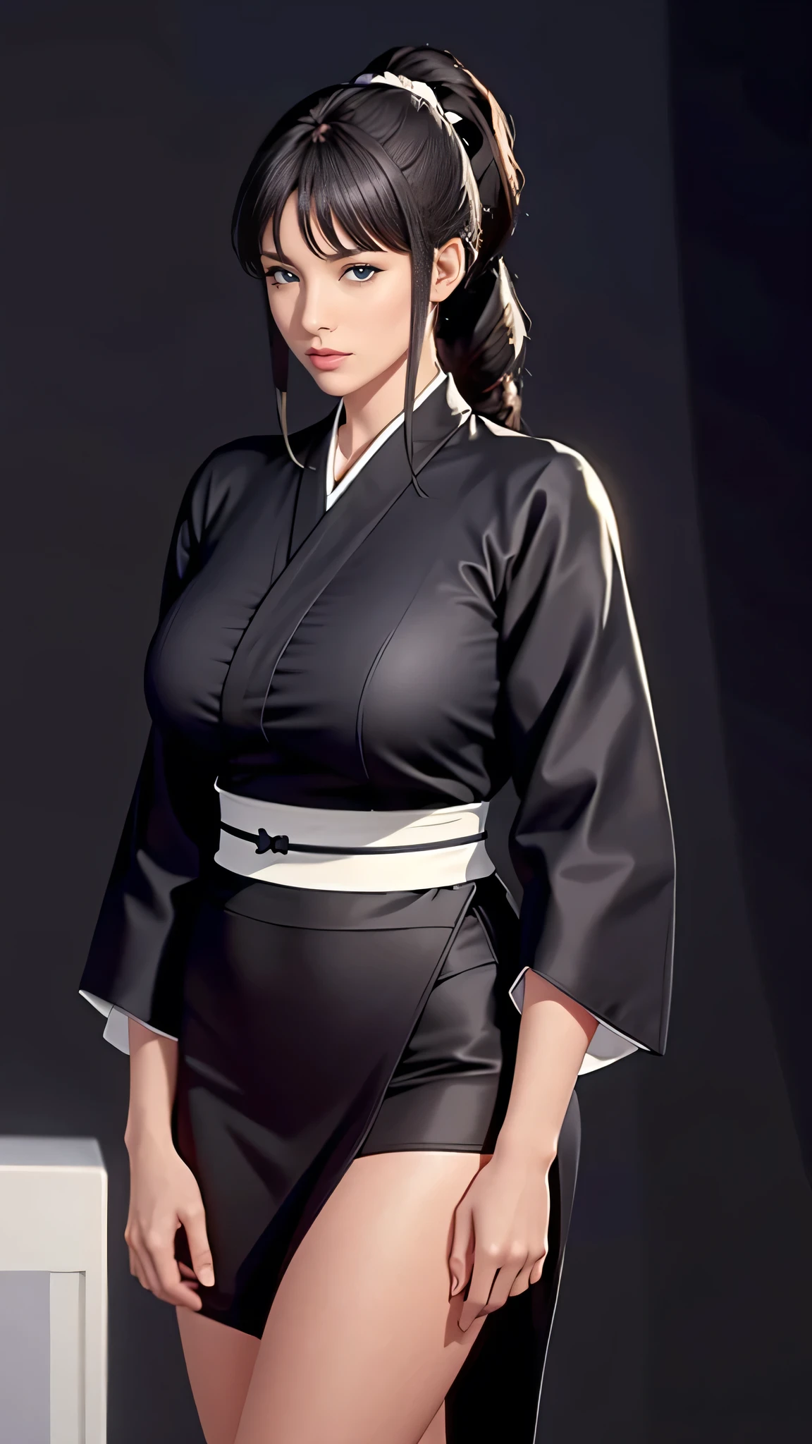 （（（perfect figure，figure，Alone，（（（black robes, sash, hakama skirt）））， （（（What are you doing?, folded ponytail, ））），((masterpiece)),high resolution, ((Best quality at best))，masterpiece，quality，Best quality，（（（ Exquisite facial features，Looking at the audience,There is light in the eyes，(（（LOL，confidence））)，））），型figure:1.7））），（（（Light and shadow，Huge breasts））），（（（Looking at the camera，black background，）））