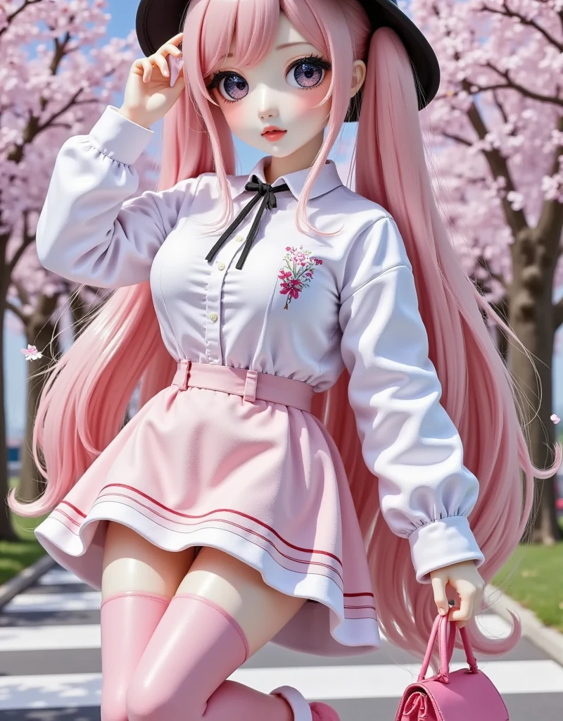 1girl, solo, long hair, looking at viewer, skirt, shirt, long sleeves, hat, holding, twintails, very long hair, standing, full body, white shirt, pink hair, flower, outdoors, shoes, socks, pink eyes, bag, arm up, tree, black headwear, shadow, standing on one leg, cherry blossoms, pink skirt, walking, road, pink theme, spring \(season\), crosswalk, pink socks, hatsune miku, sakura miku , eye trail,backlighting,depth of field,cinematic lighting,light particles,lens flare, (artist:quasarcake:0.8),extreme aesthetic,(wlop:0.6),honjou honjou raita,lack,rella,wanke, raita,lack,rella,wanke,masterpiece,best quality,good quality,newest,year 2024,year 2023,very aesthetic,absurdres,Visual impact,A shot with tension, ultra-high resolution,32K UHD,sharp focus,best quality,masterpiece,Emotionalization,unconventional supreme masterpiece,masterful details,temperate atmosphere,with a high end texture,in the style of fashion photography, (Visual impact:1.2),giving the poster a dynamic and visually striking appearance,impactful picture,offcial art,colorful,splash of color,movie perspective, masterpiece,best quality,amazing quality,very aesthetic,absurdres,best quality,newest,crossed legs,as ghost mode,gylm