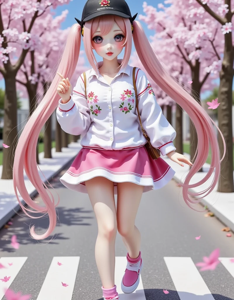 1girl, solo, long hair, looking at viewer, skirt, shirt, long sleeves, hat, holding, twintails, very long hair, standing, full body, white shirt, pink hair, flower, outdoors, shoes, socks, pink eyes, bag, arm up, tree, black headwear, shadow, standing on one leg, cherry blossoms, pink skirt, walking, road, pink theme, spring \(season\), crosswalk, pink socks, hatsune miku, sakura miku , eye trail,backlighting,depth of field,cinematic lighting,light particles,lens flare, (artist:quasarcake:0.8),extreme aesthetic,(wlop:0.6),honjou honjou raita,lack,rella,wanke, raita,lack,rella,wanke,masterpiece,best quality,good quality,newest,year 2024,year 2023,very aesthetic,absurdres,Visual impact,A shot with tension, ultra-high resolution,32K UHD,sharp focus,best quality,masterpiece,Emotionalization,unconventional supreme masterpiece,masterful details,temperate atmosphere,with a high end texture,in the style of fashion photography, (Visual impact:1.2),giving the poster a dynamic and visually striking appearance,impactful picture,offcial art,colorful,splash of color,movie perspective, masterpiece,best quality,amazing quality,very aesthetic,absurdres,best quality,newest,crossed legs,as ghost mode,gylm