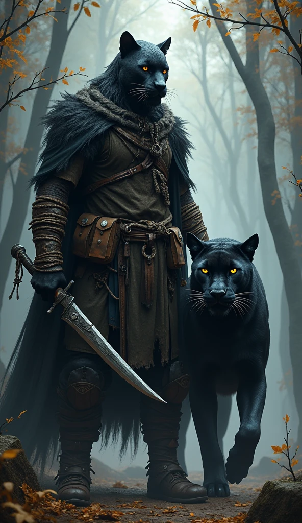 Drow Drizzt and his panther companion Guenhwyvar, author R. a. Salvatore, dark elf, full pose, full - body