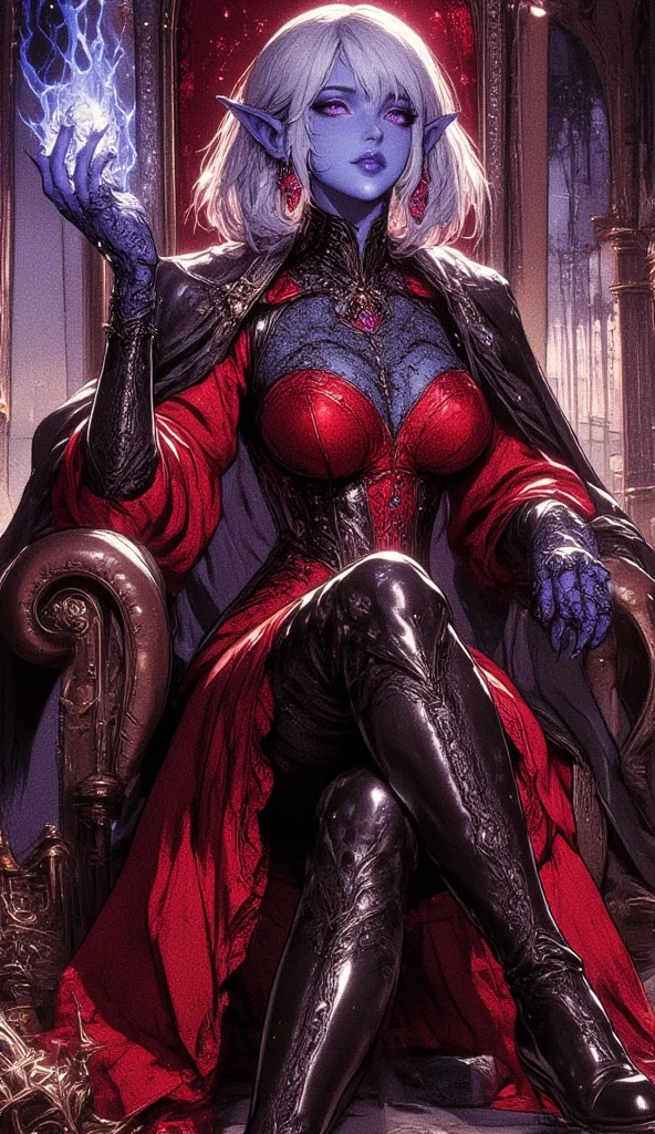  1 mature bewitching dark elf woman,(masterpiece:2.0, top quality :2.0, very detailed depiction:2.0, Incredibly Absurd High Definition :2.0,Curvaceous Body),(The Queen of the Bewitching Dark Elves ),(intricately crafted red and black royal dresses,wizard cape ,black lace gloves, luxury accessories ,earrings, necklace, bracelet ,A mysteriously shining jewel, black tights, high heels, thigh-high boots ),(Blue Skin:2.0, purple eyes, Crazy Eyes , half-closed eyes:2.0,distraught expression , glossy lips,Beautiful legs,), sitting on the throne:2.0,I'm holding a magical blue flame in my hand:2.0, full body image :2.0,Dim atmosphere, lamp light, view from below:1.3