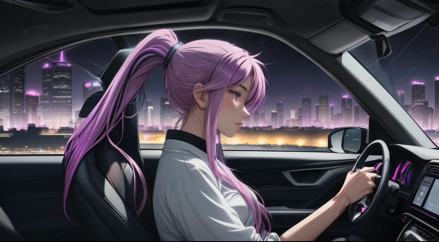"An anime-style woman with long purple hair and pink highlights tied in a ponytail, sitting in the driver's seat of a car. The angle is from the front passenger seat, capturing her side profile with a clear view of her face, slightly illuminated by the soft glow of the car’s dashboard lights. Her expression is calm and introspective as she gazes out of the driver's side window into the night.
The interior of the car features subtle neon purple lighting, reflecting a futuristic and cyberpunk aesthetic. The steering wheel is partially visible, and her hand rests lightly on it. Outside the window, a vibrant urban cityscape is visible, with tall, glowing skyscrapers and scattered streetlights under a clear, starry sky.
The atmosphere is quiet and reflective, blending modern technology and emotional depth. She wears casual, sleek clothing appropriate for a late-night drive, exuding a sense of individuality and calmness. No cigarettes or smoke are present, ensuring a clean and serene vibe."