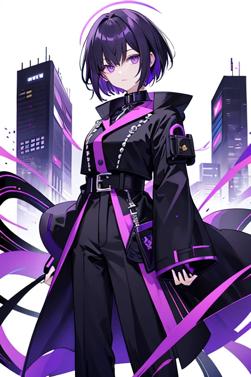 Game Art　 anime style　woman　 cool 　cute　 beautiful　 shows the whole body　Perfect hands that project from head to toe
Ultra Detailed 　 top quality 　masterpiece　 cool　Height: 170cm　 black and white and purple eyes older sister 
garments
Black slacks wearing a black and yellow long coat 　The long coat has a collar 　 her collar is standing up 　 high neck　 asymmetry　button　　belt　intricate design
black purple line purple line 
hairstyles 
Short hair M-shaped bang 　 hair color is black black purple lines purple lines

I don't have anything in my hands

facial expression and posture
A calm and careful look　Relax your shoulders 、 Gently Looking Ahead Black Background Neon Night Moon Standing Above Buildings 
