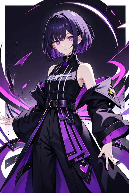 Game Art　 anime style　woman　 cool 　cute　 beautiful　 shows the whole body　Perfect hands that project from head to toe
Ultra Detailed 　 top quality 　masterpiece　 cool　Height: 170cm　 black and white and purple eyes older sister 
garments
Black slacks wearing a black and yellow long coat 　The long coat has a collar 　 her collar is standing up 　 high neck　 asymmetry　button　　belt　intricate design
black purple line purple line 
hairstyles 
Short hair M-shaped bang 　 hair color is black black purple lines purple lines

I don't have anything in my hands

facial expression and posture
A calm and careful look　Relax your shoulders 、 Gently Looking Ahead Black Background Neon Night Moon Standing Above Buildings 
