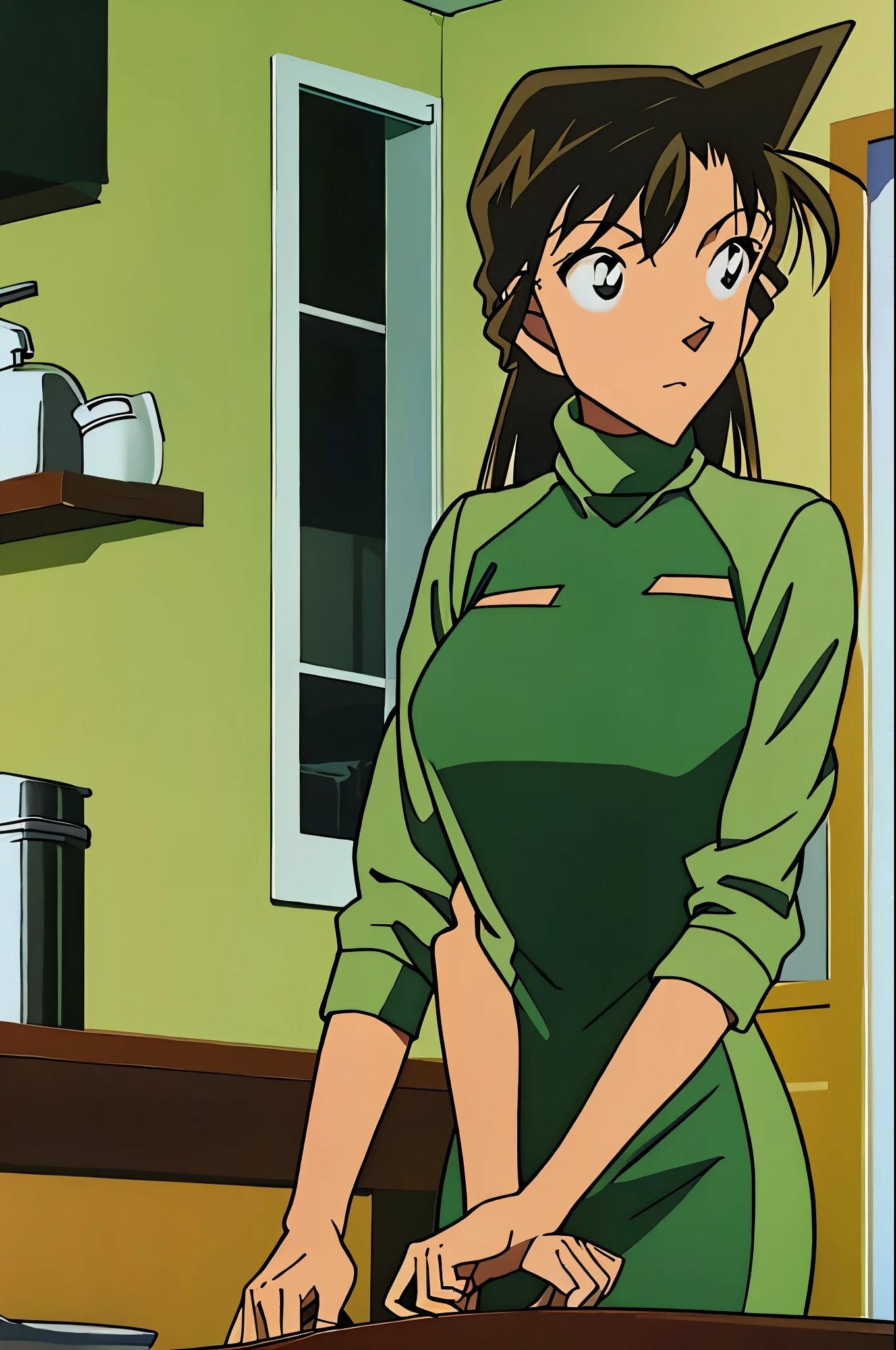 long hair,official style,adult,green turtleneck,green minidress, light green cropped mini jacket,green socks,,sink,kitchen,bringing upper body to the sink