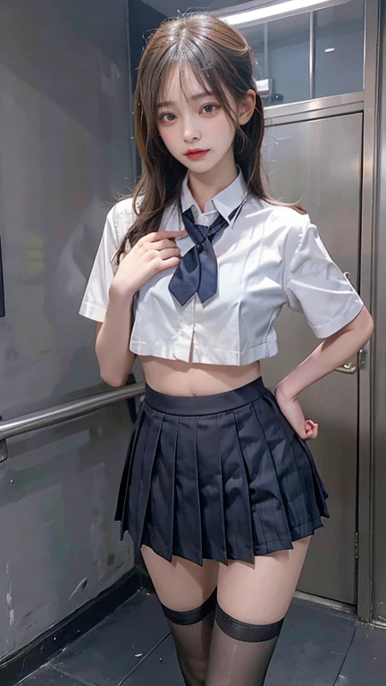 masterpiece, best quality, illustration, Super detailed, fine details, High resolution, 8K,wall paper, perfect dynamic composition,(Details High quality, realistic depiction of eyes:1.3), standing, short hair, (wavy hair:1.2), (short sleeve collared dress shirt,tight skirt,thighhighs,zettai ryouiki:1.4), black hair color, Big Natural Color Lip, bold sexy pose, crying a little、Harajuku style、acrobatic pose, 20 year old girl、cute type、ta、beautiful legs, gravure idol, Japanese idol, huge breasts
