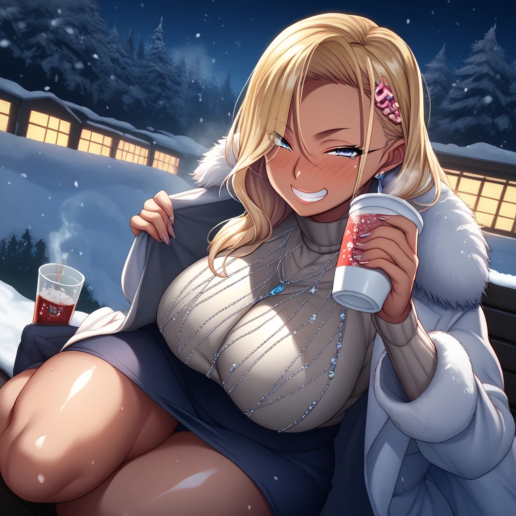 score_9, score_8_up, score_7_up, source_anime, 1girl, solo, gyaru, shiny skin, huge breasts, thick thighs, wide hips, big ass, looking at viewer, seductive smile, grin, blush, long hair, blonde hair, white coat, winter clothes, seductive, jewelry, sitting, (holding a cup of hot smoking drink), scenery, winter, snow, dynamic lighting, winter city, 