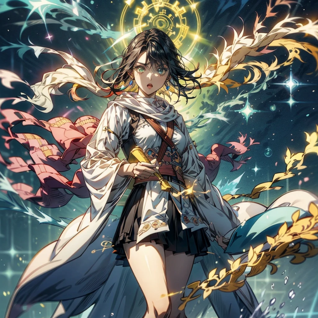 (masterpiece:1.5, Highest quality, Very detailed、 Dutch Angle、Semi-Realistic、Fantasy)(One girl, alone)(White and beautiful hair,,Straight Long Hair)(sarashi,kimono,One Shoulder、Haori、One shoulder exposed)(Serious expression、Floating Hair)(Cherry tree、dead tree、Mystical Night、Particles of light float around the woman、Space for fantasy)