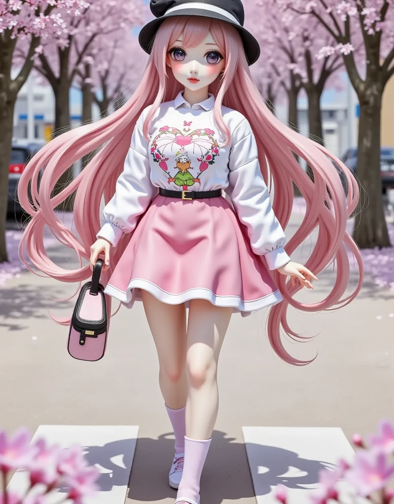 1girl, solo, long hair, looking at viewer, skirt, shirt, long sleeves, hat, holding, twintails, very long hair, standing, full body, white shirt, pink hair, flower, outdoors, shoes, socks, pink eyes, bag, arm up, tree, black headwear, shadow, standing on one leg, cherry blossoms, pink skirt, walking, road, pink theme, spring \(season\), crosswalk, pink socks, hatsune miku, sakura miku , eye trail,backlighting,depth of field,cinematic lighting,light particles,lens flare, (artist:quasarcake:0.8),extreme aesthetic,(wlop:0.6),honjou honjou raita,lack,rella,wanke, raita,lack,rella,wanke,masterpiece,best quality,good quality,newest,year 2024,year 2023,very aesthetic,absurdres,Visual impact,A shot with tension, ultra-high resolution,32K UHD,sharp focus,best quality,masterpiece,Emotionalization,unconventional supreme masterpiece,masterful details,temperate atmosphere,with a high end texture,in the style of fashion photography, (Visual impact:1.2),giving the poster a dynamic and visually striking appearance,impactful picture,offcial art,colorful,splash of color,movie perspective, masterpiece,best quality,amazing quality,very aesthetic,absurdres,best quality,newest,crossed legs,as ghost mode,gylm