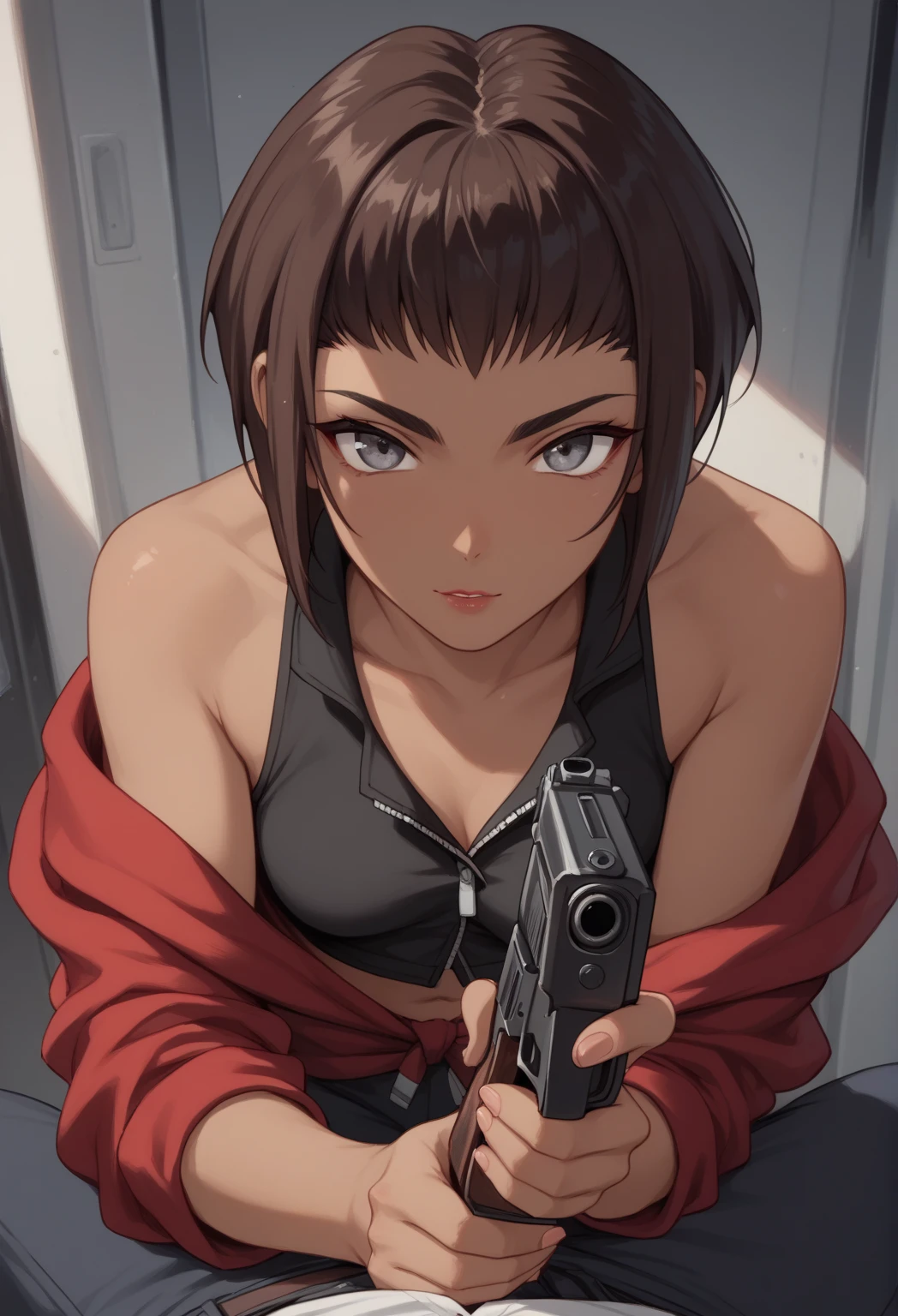 Electra Obilor, dark skin female, brown hair, gray eyes, red jacket, black shirts, short cut hair, wolf cut hair, pov, large breaests, holding a gun, handgun