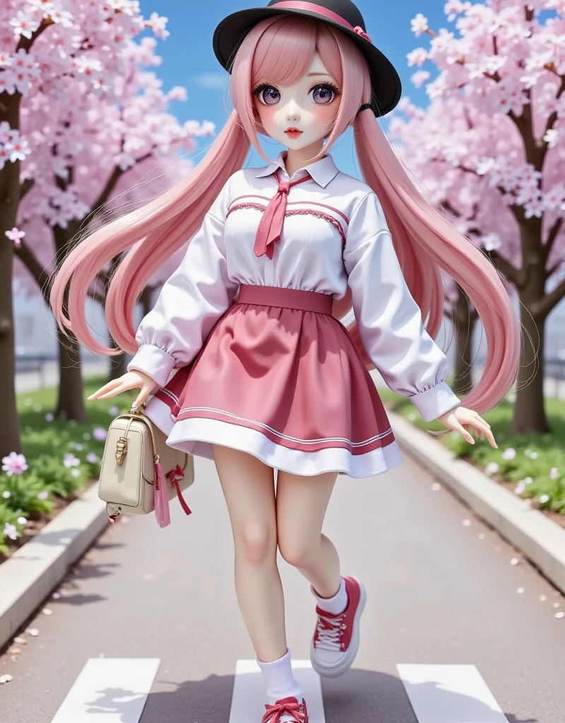 1girl, solo, long hair, looking at viewer, skirt, shirt, long sleeves, hat, holding, twintails, very long hair, standing, full body, white shirt, pink hair, flower, outdoors, shoes, socks, pink eyes, bag, arm up, tree, black headwear, shadow, standing on one leg, cherry blossoms, pink skirt, walking, road, pink theme, spring \(season\), crosswalk, pink socks, hatsune miku, sakura miku , eye trail,backlighting,depth of field,cinematic lighting,light particles,lens flare, (artist:quasarcake:0.8),extreme aesthetic,(wlop:0.6),honjou honjou raita,lack,rella,wanke, raita,lack,rella,wanke,masterpiece,best quality,good quality,newest,year 2024,year 2023,very aesthetic,absurdres,Visual impact,A shot with tension, ultra-high resolution,32K UHD,sharp focus,best quality,masterpiece,Emotionalization,unconventional supreme masterpiece,masterful details,temperate atmosphere,with a high end texture,in the style of fashion photography, (Visual impact:1.2),giving the poster a dynamic and visually striking appearance,impactful picture,offcial art,colorful,splash of color,movie perspective, masterpiece,best quality,amazing quality,very aesthetic,absurdres,best quality,newest,crossed legs,as ghost mode,gylm