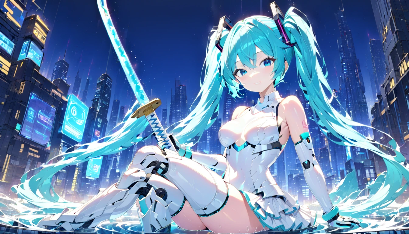 girl masterpiece, best quality high resolution, twintails, blue hair, blue eyes, very long hair, middle breast, detailed face, beautiful shape, hatsune miku, wearing white armored costume, armored gloves, armored boots, head protector, gripping a katana sword, sitting on the ground, smiling, , detailed background, cyberpunk city, buildings, night sky, water element,