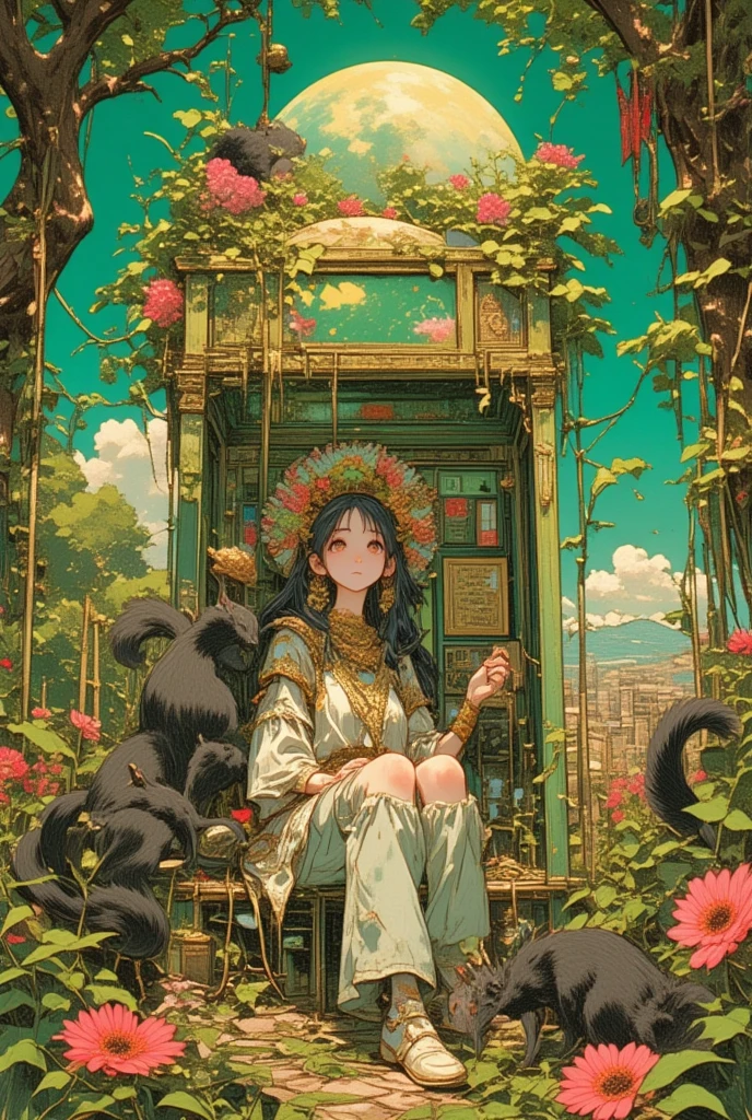   the hallucinatory art of a girl in a Roman telephone booth ,    Psychedelic Surreal Art   , Shamanistic horror LSD art,    terrifying surrealist art   ,   dmt Death of Ego  ,   Psychedelic Space Horror  ,   DMT Egodes   ,      Shamanism DMT Horror Art     ,    Ultra Detailed Fantastic Art   ,    High Resolution Fantastic Art   , Tool Band Art,  green,White,red,Colosseum,Calabrian black squirrels ,daisy