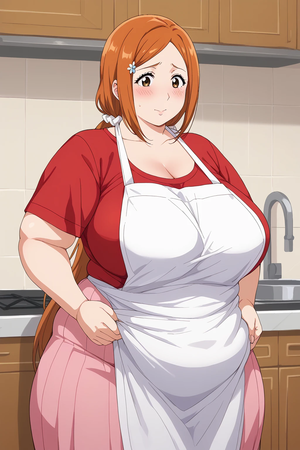 inoue orihime, Orihime Inoue,  long hair,  orange hair, (brown eyes),low ponytail, I'm tying my hair to one at the back, ((Pink Skirt)), Long Skirts,((Red T-shirt)), (( white apron)),Long apron, White scrunchie,40 years old,milf,  score_9,  score_8_ up,  score_7_ up,  score_6_ up,  score_5_ up,  score_4_ up,  Masterpiece ,  top quality , Very aesthetic,   absurd,  Source_Anime, Anime screencap , ssbbw one woman、Alone、 personal ,Curvy、 embarrassed expression、 kitchen,  in her 20s, chybby,  embarrassing expression 、blush, Mature Woman, Fat face, double chin ,  troubled expression, Married Woman,