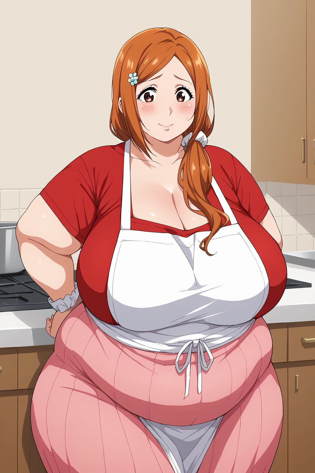 inoue orihime, Orihime Inoue,  long hair,  orange hair, (brown eyes),low ponytail, I'm tying my hair to one at the back, ((Pink Skirt)), Long Skirts,((Red T-shirt)), (( white apron)),Long apron, White scrunchie,40 years old,milf,  score_9,  score_8_ up,  score_7_ up,  score_6_ up,  score_5_ up,  score_4_ up,  Masterpiece ,  top quality , Very aesthetic,   absurd,  Source_Anime, Anime screencap , ssbbw one woman、Alone、 personal ,Curvy、 embarrassed expression、 kitchen,  in her 20s, chybby,  embarrassing expression 、blush, Mature Woman, Fat face, double chin ,  troubled expression, Married Woman,