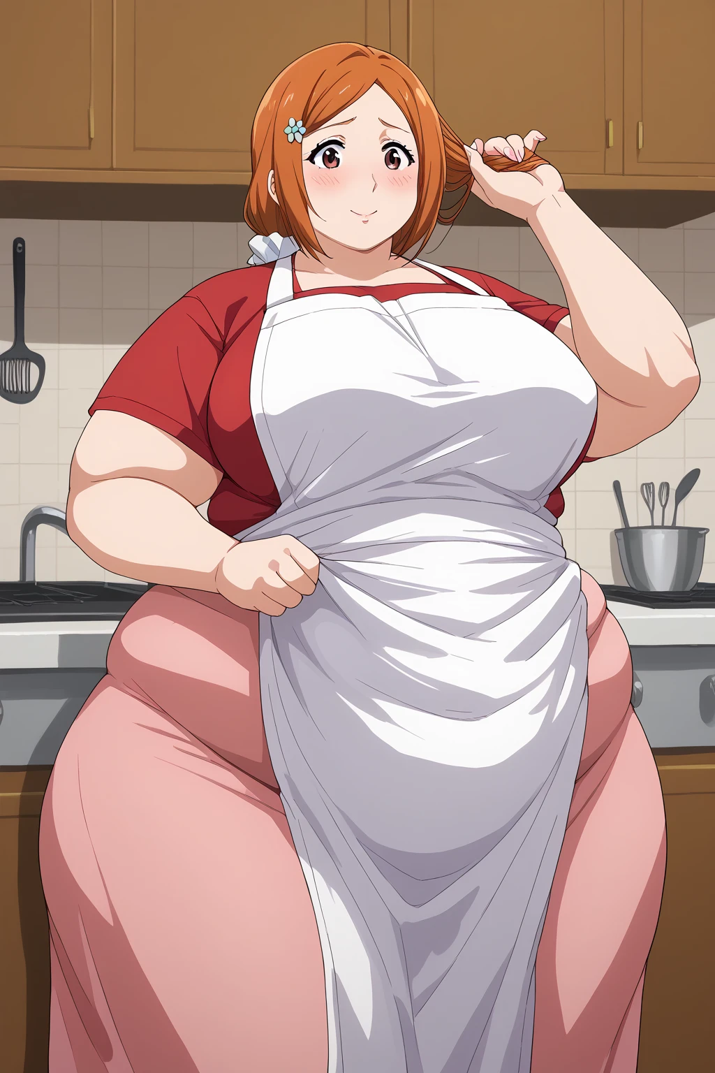 inoue orihime, Orihime Inoue,  long hair,  orange hair, (brown eyes),low ponytail, I'm tying my hair to one at the back, ((Pink Skirt)), Long Skirts,((Red T-shirt)), (( white apron)),Long apron, White scrunchie,40 years old,milf,  score_9,  score_8_ up,  score_7_ up,  score_6_ up,  score_5_ up,  score_4_ up,  Masterpiece ,  top quality , Very aesthetic,   absurd,  Source_Anime, Anime screencap , ssbbw one woman、Alone、 personal ,Curvy、 embarrassed expression、 kitchen,  in her 20s, chybby,  embarrassing expression 、blush, Mature Woman, Fat face, double chin ,  troubled expression, Married Woman,