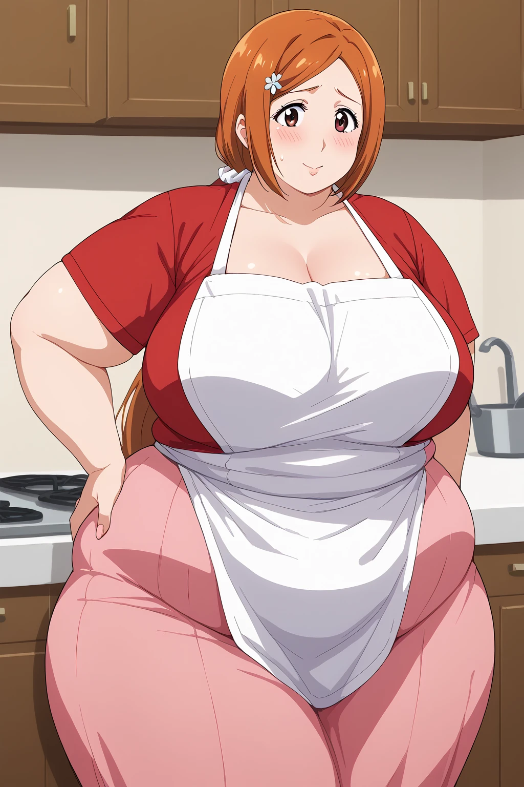 inoue orihime, Orihime Inoue,  long hair,  orange hair, (brown eyes),low ponytail, I'm tying my hair to one at the back, ((Pink Skirt)), Long Skirts,((Red T-shirt)), (( white apron)),Long apron, White scrunchie,40 years old,milf,  score_9,  score_8_ up,  score_7_ up,  score_6_ up,  score_5_ up,  score_4_ up,  Masterpiece ,  top quality , Very aesthetic,   absurd,  Source_Anime, Anime screencap , ssbbw one woman、Alone、 personal ,Curvy、 embarrassed expression、 kitchen,  in her 20s, chybby,  embarrassing expression 、blush, Mature Woman, Fat face, double chin ,  troubled expression, Married Woman,