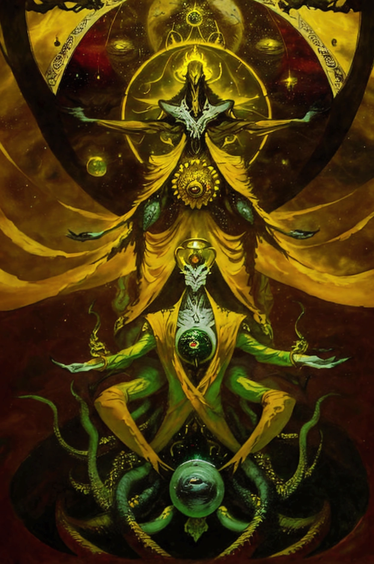 A captivating oil painting in the style of Peter Mohrbacher, depicting Hastur, the King in Yellow, enthroned and resplendent in a radiant yellow robe. Surrounded by writhing, cosmic tentacles, he exudes an otherworldly beauty and power as the galactic deity. The masterpiece is set against a vast, breathtaking landscape, with perfect lighting casting dramatic shadows and highlighting the intricate details of the magnificent scene.