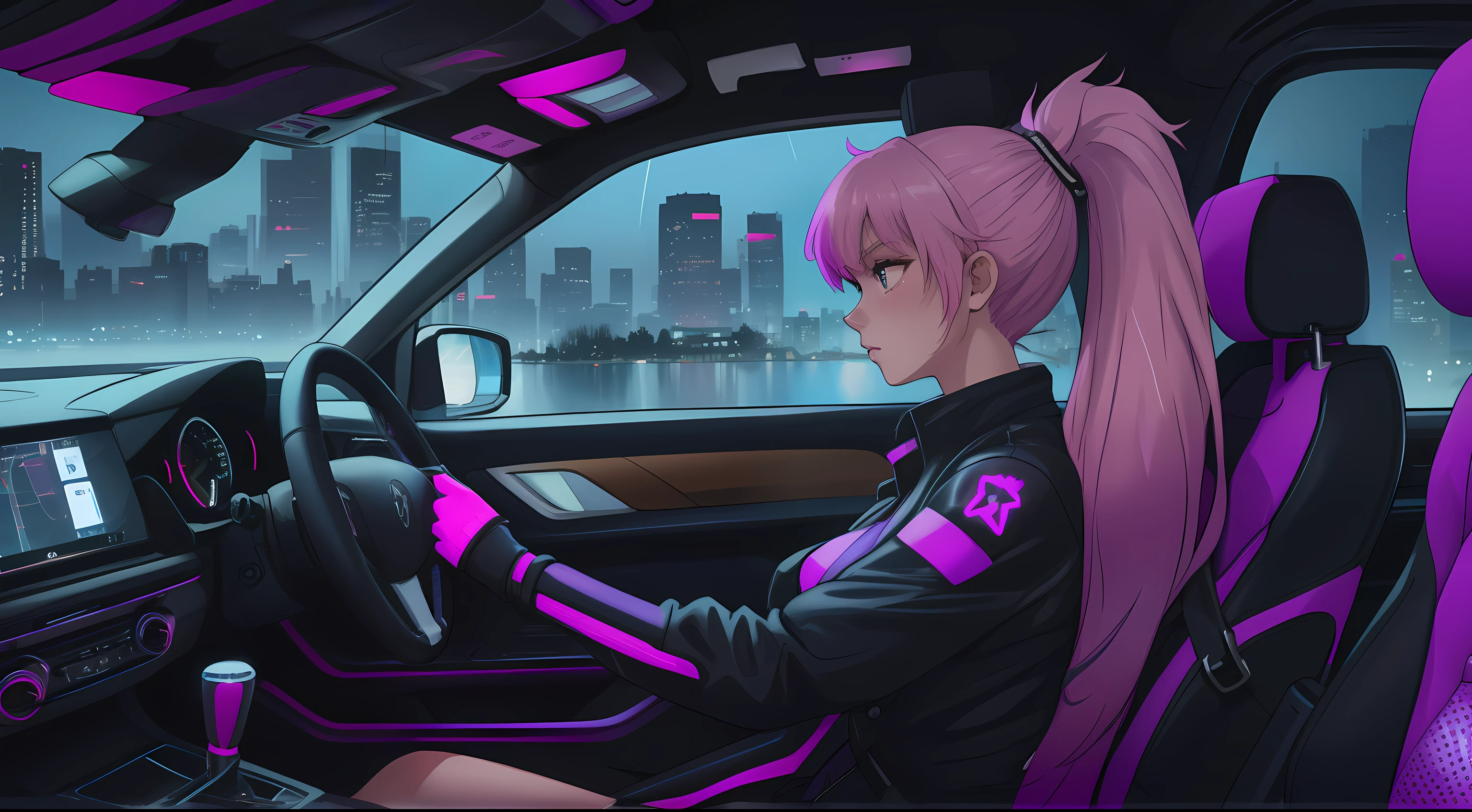 "An anime-style young woman with long purple hair and pink highlights tied in a ponytail, sitting in the driver's seat of a car. The angle is from the front passenger seat, capturing her side profile with a clear view of her face, slightly illuminated by the soft glow of the car’s dashboard lights. Her expression is calm and introspective as she gazes out of the driver's side window into the night.

The interior of the car features subtle neon purple lighting, reflecting a futuristic and cyberpunk aesthetic. The steering wheel is partially visible, and her hand rests lightly on it. Outside the window, a vibrant urban cityscape is visible, with tall, glowing skyscrapers and scattered streetlights under a clear, starry sky.

The atmosphere is quiet and reflective, blending modern technology and emotional depth. She wears casual, sleek clothing appropriate for a late-night drive, exuding a sense of individuality and calmness. No cigarettes or smoke are present, ensuring a clean and serene vibe."