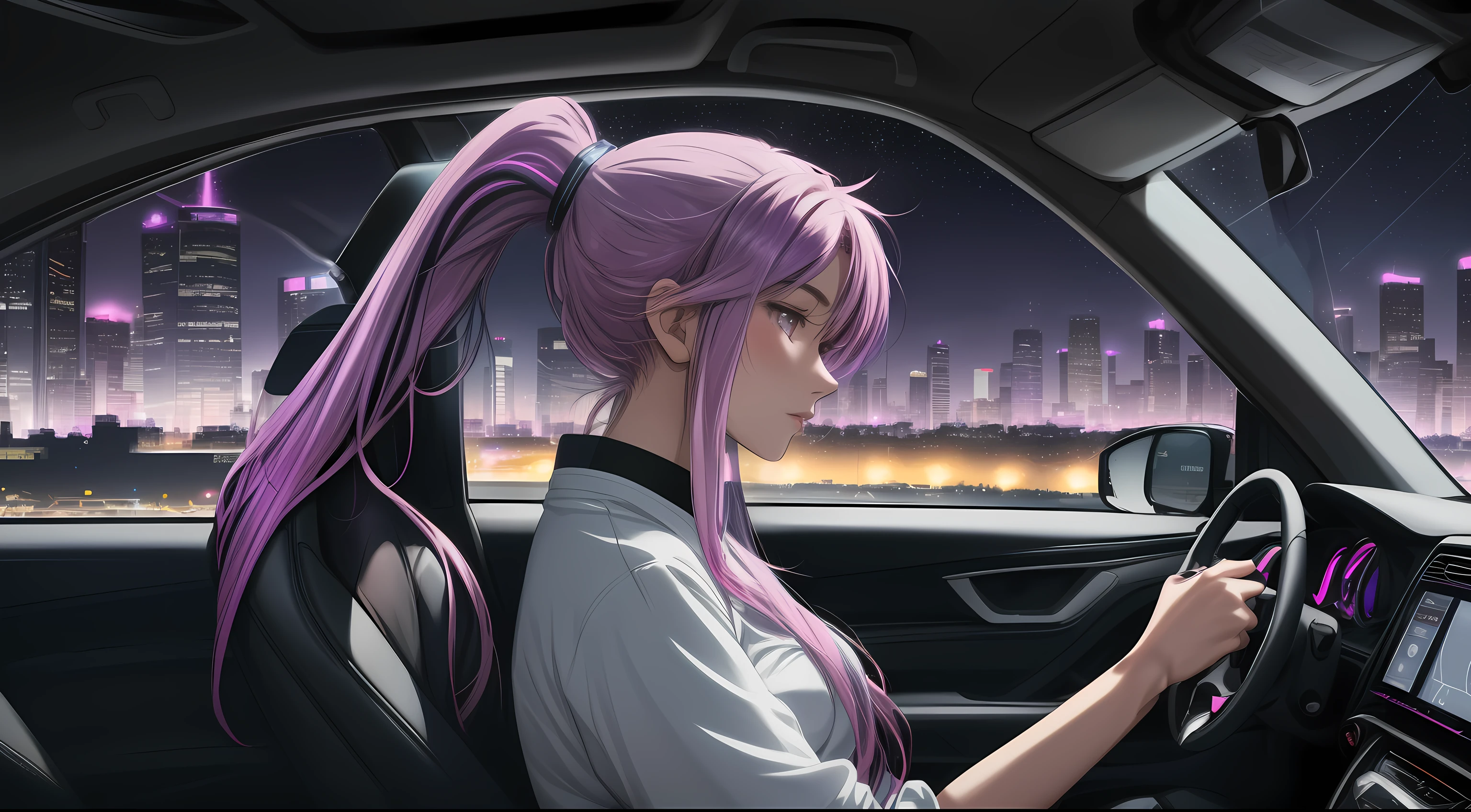 "An anime-style woman with long purple hair and pink highlights tied in a ponytail, sitting in the driver's seat of a car. The angle is from the front passenger seat, capturing her side profile with a clear view of her face, slightly illuminated by the soft glow of the car’s dashboard lights. Her expression is calm and introspective as she gazes out of the driver's side window into the night.

The interior of the car features subtle neon purple lighting, reflecting a futuristic and cyberpunk aesthetic. The steering wheel is partially visible, and her hand rests lightly on it. Outside the window, a vibrant urban cityscape is visible, with tall, glowing skyscrapers and scattered streetlights under a clear, starry sky.

The atmosphere is quiet and reflective, blending modern technology and emotional depth. She wears casual, sleek clothing appropriate for a late-night drive, exuding a sense of individuality and calmness. No cigarettes or smoke are present, ensuring a clean and serene vibe."