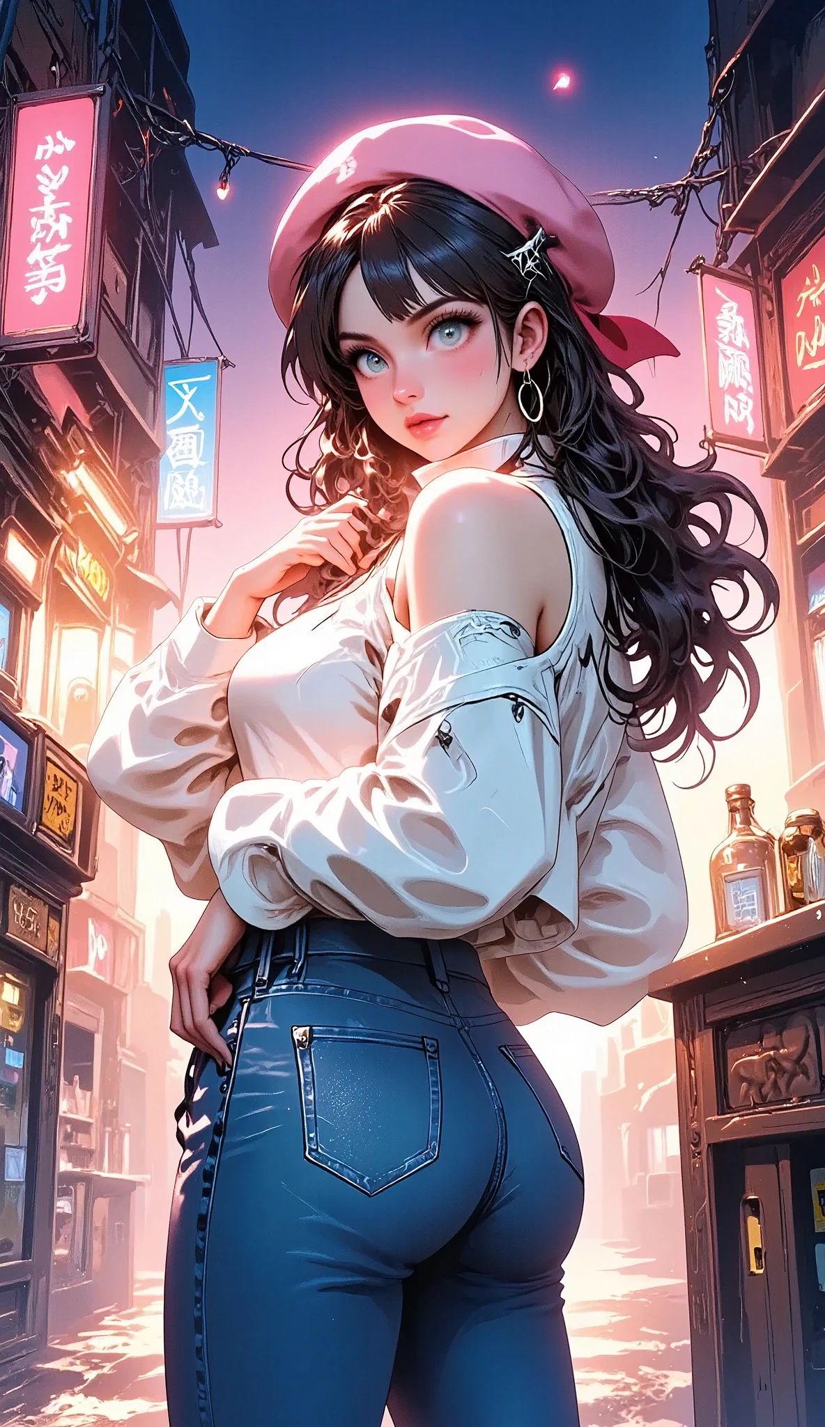 (  better quality,  masterpiece:1.2),  perfect body,  thin waist  ,  big breasts,  printed sweatshirt with dropped shoulders, earrings, Pink beret , jeans,  back alley  , vibrant,  faces away from the camera , And turn your head to the camera  , chiaroscuro,  cinematic lighting , U high definition , Retina,  masterpiece,  Precise,  Anatomically correct ,  old school ,  High Details , De alta calidad, awarded ,  better quality, highres, 1080P,  high definition , 16K