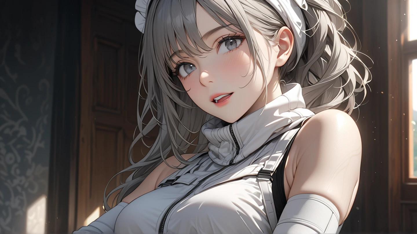 high resolution, masterpiece,Highest quality, Extremely detailed, (Delicate eyes), (Delicate face), 1 Girl,illustration, White hair, Red Eyes, Highest detail, (Bright Eyes), Flat Breasts, Backlight, (diaphragm:1.4), Light, High contrast, rich and colorful,room_Idol, (Ponytail:1.2),(Happy:1.2),Looking at the audience,Upper Body,(White shirt:1.3),(Bat wing hat),(Hairpin:1.2)