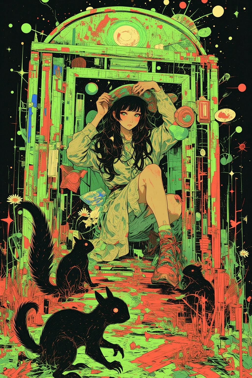   the hallucinatory art of a girl in a Roman telephone booth ,    Psychedelic Surreal Art   , Shamanistic horror LSD art,    terrifying surrealist art   ,   dmt Death of Ego  ,   Psychedelic Space Horror  ,   DMT Egodes   ,      Shamanism DMT Horror Art     ,    Ultra Detailed Fantastic Art   ,    High Resolution Fantastic Art   , Tool Band Art,  green,White,red,Colosseum,Calabrian black squirrels ,daisy