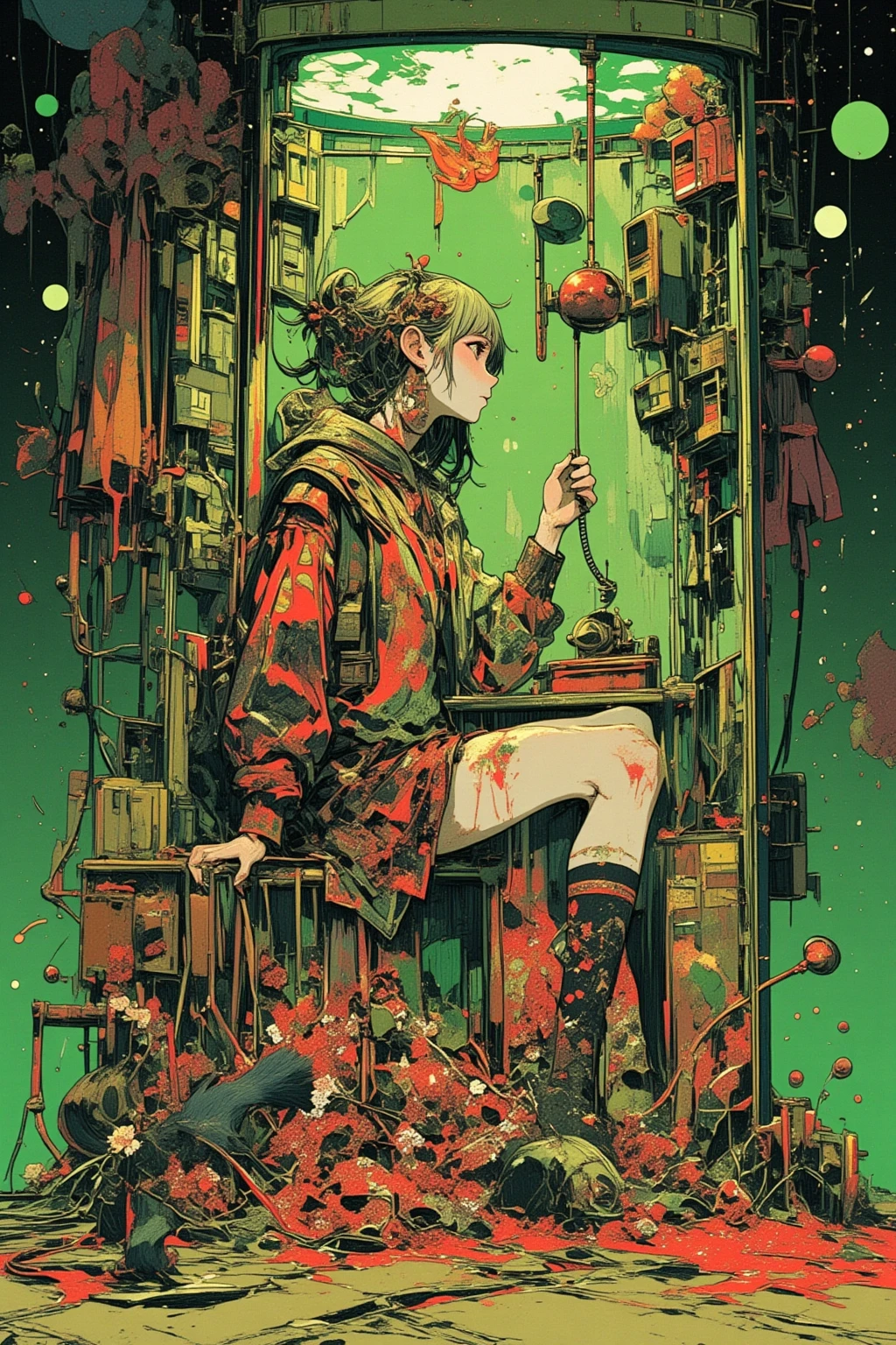   the hallucinatory art of a girl in a Roman telephone booth ,    Psychedelic Surreal Art   , Shamanistic horror LSD art,    terrifying surrealist art   ,   dmt Death of Ego  ,   Psychedelic Space Horror  ,   DMT Egodes   ,      Shamanism DMT Horror Art     ,    Ultra Detailed Fantastic Art   ,    High Resolution Fantastic Art   , Tool Band Art,  green,White,red,Colosseum,Calabrian black squirrels ,daisy