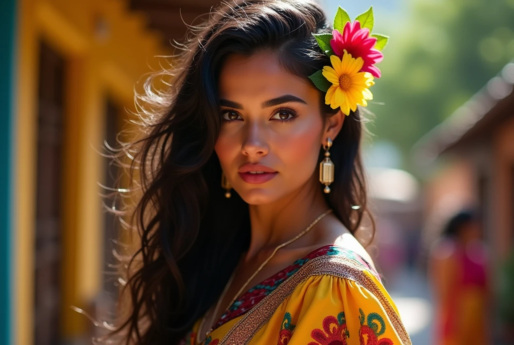 foto realista, closeup, Jovem de 25 anos, cabelos loiros e olhos azuis, Enjoy the tropical paradise. Seu robe de seda vermelha, adornado com detalhes brancos intrincados, it surrounds her as a piece worthy of royalty, adding a touch of magical beauty to the scene