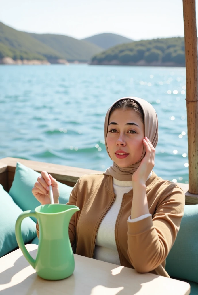 Beautiful Indonesian girl, , white skinned, well-groomed face, wearing a hijab, wearing a denim jacket, jeans and sneakers. the face should be clear. the woman was sitting on a beautiful iron chair. on a beautiful and wide beach. Background of rice fields and mountains. You can see the beautiful and wide sea. Around the woman's neck is a NIKON D850 camera. There are beautiful flowers on the beach. the woman is holding a chocolate coffee. Beautiful panorama during the day. photography. original photo.8K HD.