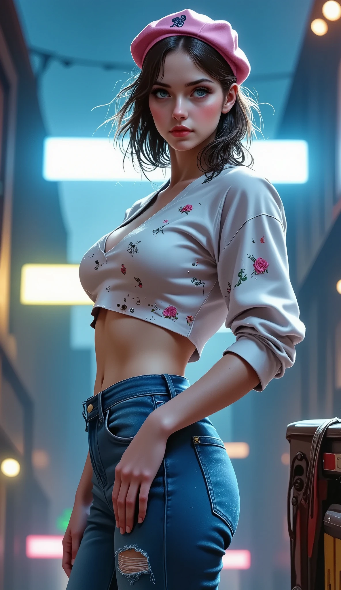 (  better quality,  masterpiece:1.2),  perfect body,  thin waist  ,  big breasts,  printed sweatshirt with dropped shoulders, earrings, Pink beret , jeans,  back alley  , vibrant,  faces away from the camera , And turn your head to the camera  , chiaroscuro,  cinematic lighting , U high definition , Retina,  masterpiece,  Precise,  Anatomically correct ,  old school ,  High Details , De alta calidad, awarded ,  better quality, highres, 1080P,  high definition , 16K