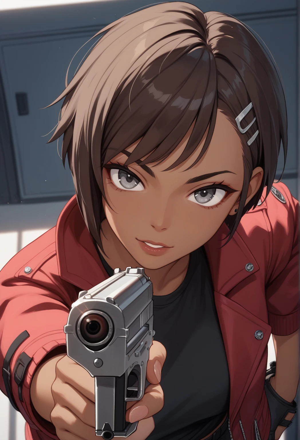 Electra Obilor, dark skin female, brown hair, gray eyes, red jacket, black shirts, short cut hair, wolf cut hair, pov, large breaests, holding a gun, handgun