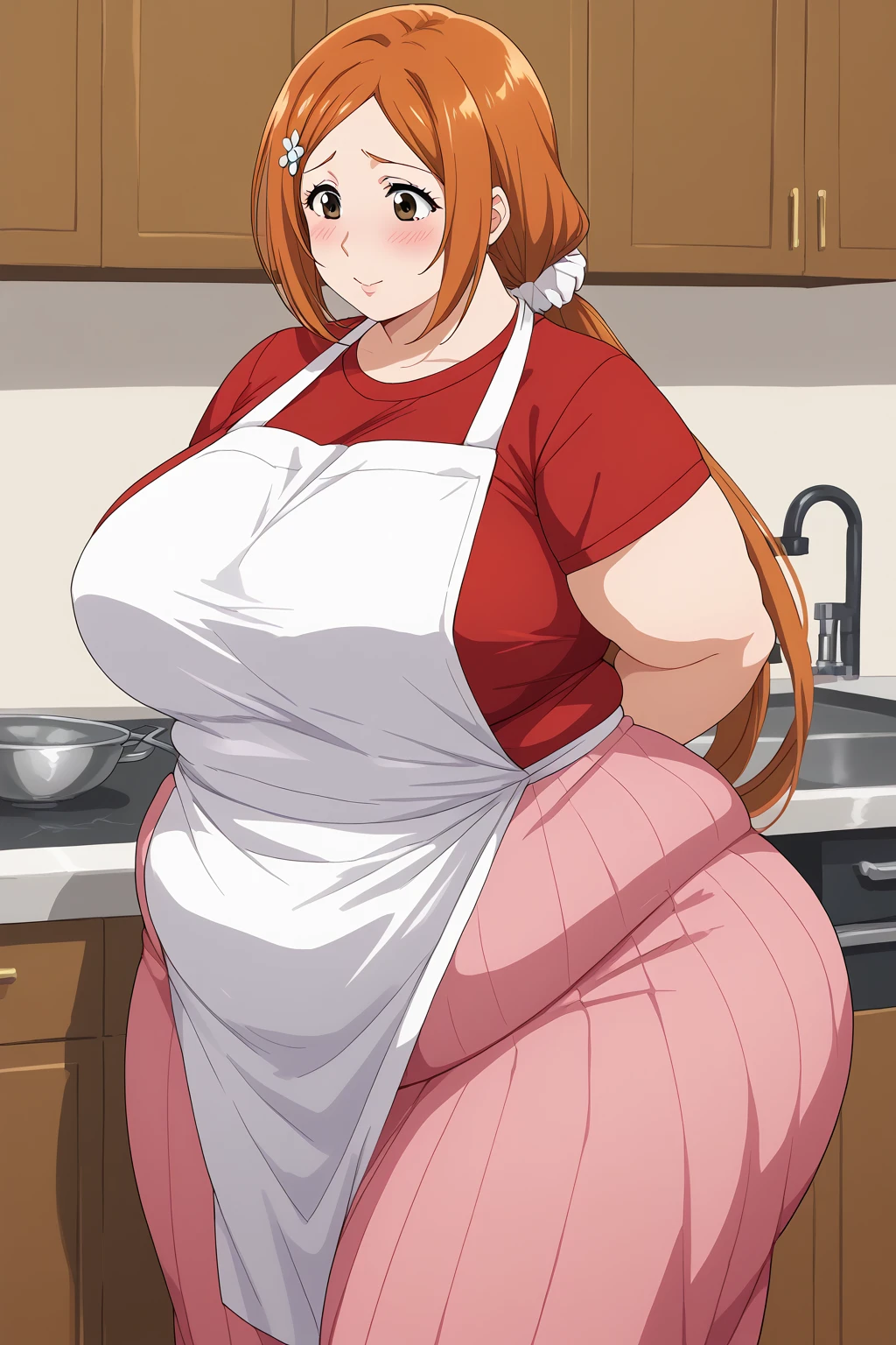 inoue orihime, Orihime Inoue,  long hair,  orange hair, (brown eyes),low ponytail, I'm tying my hair to one at the back, ((Pink Skirt)), Long Skirts,((Red T-shirt)), (( white apron)),Long apron, White scrunchie,40 years old,milf,  score_9,  score_8_ up,  score_7_ up,  score_6_ up,  score_5_ up,  score_4_ up,  Masterpiece ,  top quality , Very aesthetic,   absurd,  Source_Anime, Anime screencap , ssbbw,  one woman、Alone、 personal ,Curvy、 embarrassed expression、 kitchen,  in her 20s, chybby,  embarrassing expression 、blush, Mature Woman, Fat face, double chin ,  troubled expression, Married Woman,